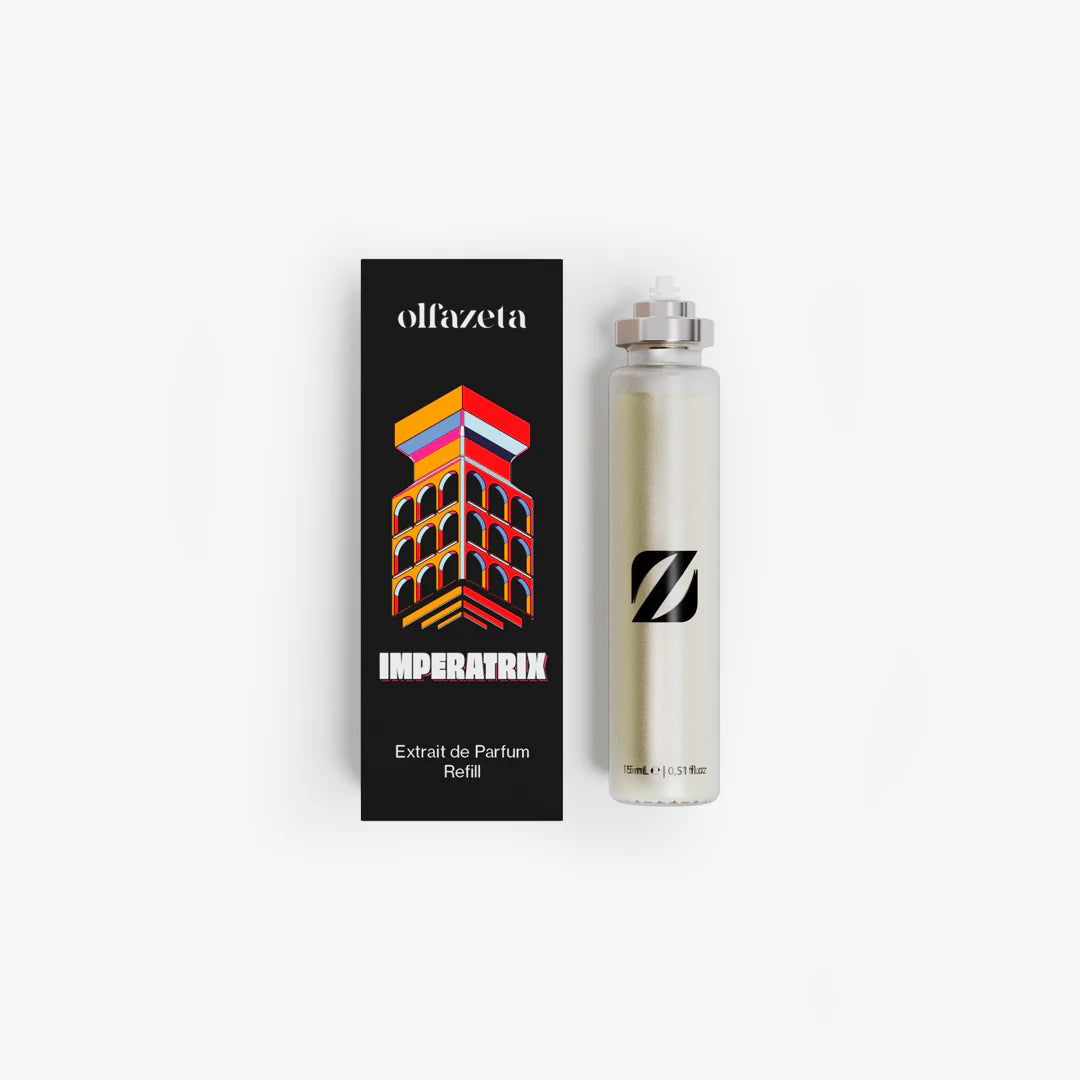 Čierna škatuľka Olfazeta by Chogan Imperatrix 10 Years Edition s farebnou ilustráciou a náplňou Extrait de Parfum 15 mL