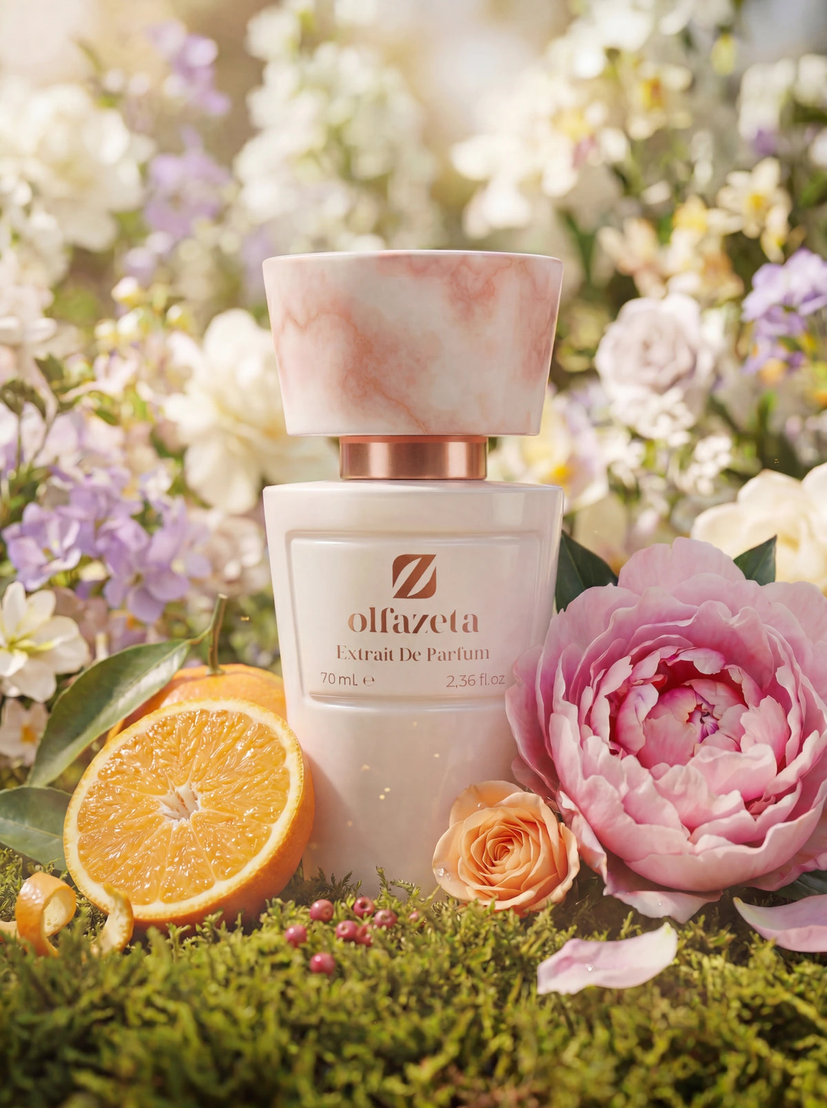 Pink Olfazeta by Chogan Millésime N°158 bottle on moss, pink peony, sliced orange and spring flowers