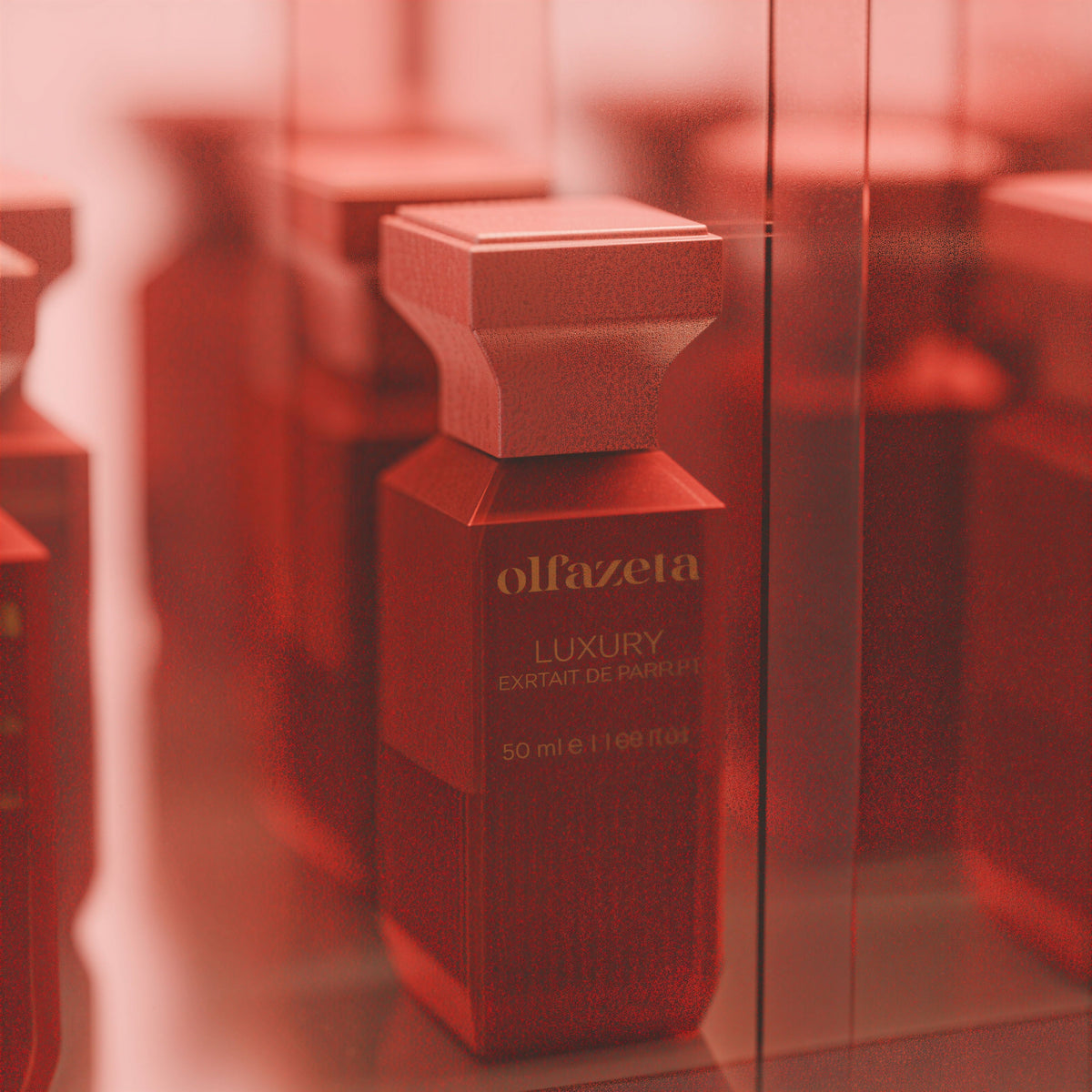 Sarkans flakons Olfazeta by Chogan Luxury N°146, Extrait de Parfum 50 ml tuvplānā mierīgi sarkanā noskaņā