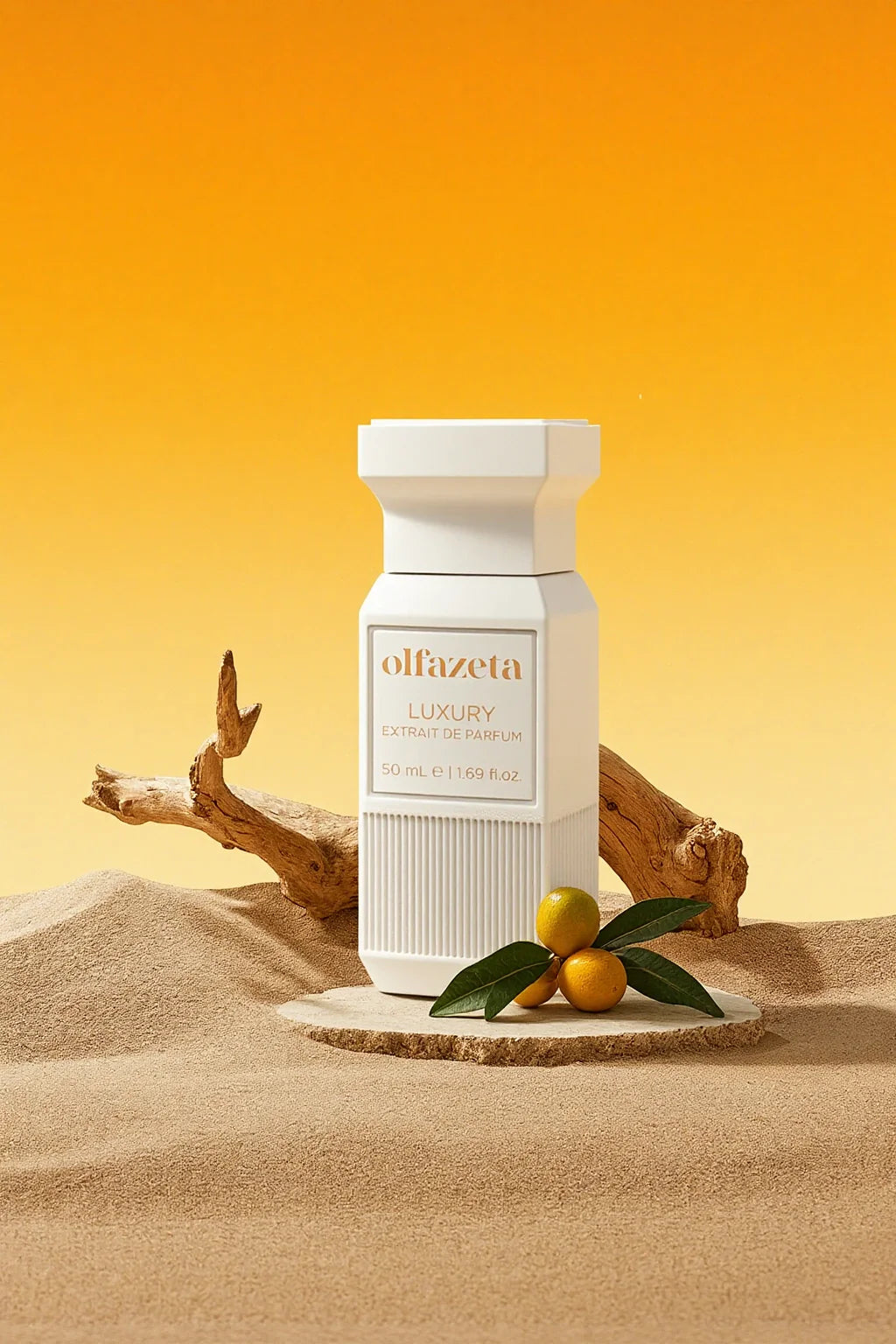 White Olfazeta by Chogan Luxury N°112 bottle on a stone plinth in the sand, kumquats and driftwood